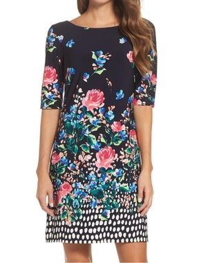 NWT Eliza J Jersey Shift Floral Print Lined Dress in Navy Sz 10